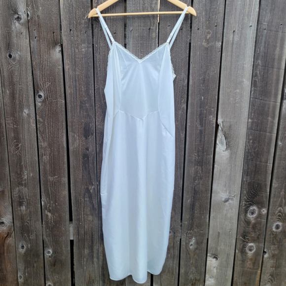 Kayser Other - VTG Kayser White Nylon Tricot Full Length Slip Dress Lace Trim V-Neck USA Sz 36